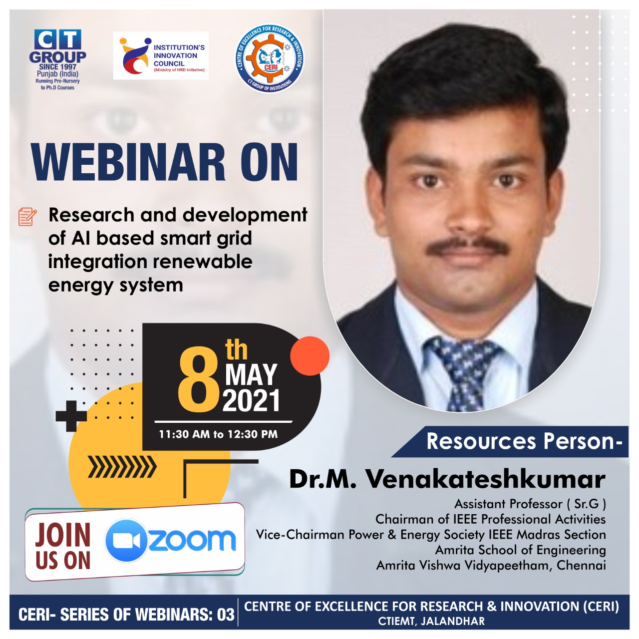 Webinar on Research and development of AI based smart grid integration renewable energy system on May 8, 2021 at 11:30 AM